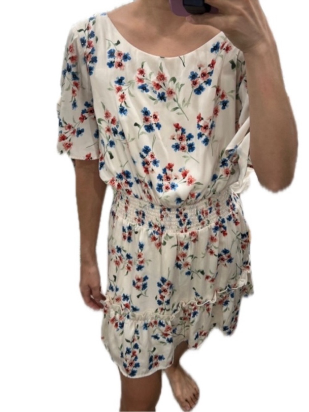 Saltwater Luxe Smocked Floral Mini Dress - Cream, Blue, Pink M - Picture 2 of 3